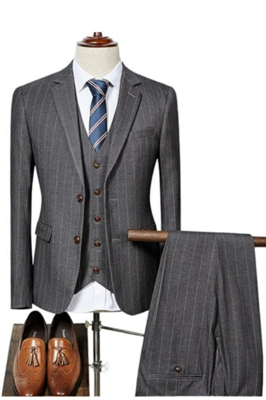 Atwood Formal Gray Striped Notched Lapel 3-Piece Business Suit