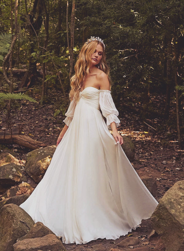 Boho Wedding Dresses: Off-the-Shoulder Long Sleeves with Chiffon Sweep Train