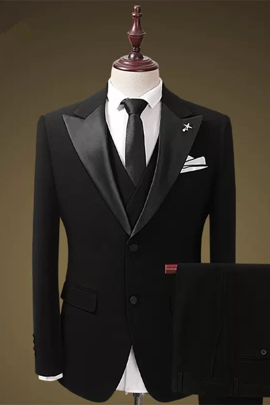 Cornell Black Three-Piece Peaked Lapel Business Suit