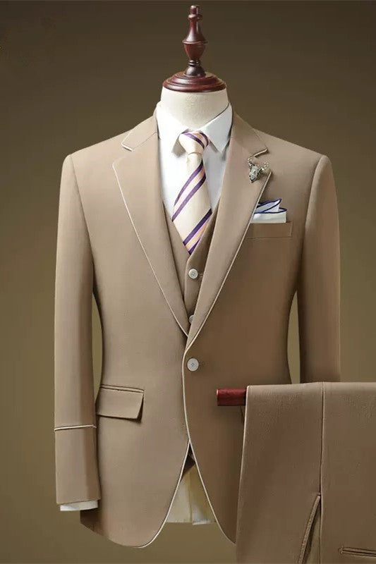 Khaki Three-Piece Notched Lapel Prom Suit