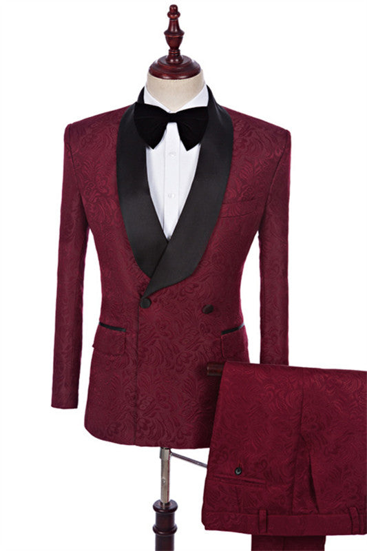 Dunn Modern Burgundy Shawl Lapel Jacquard 2-Piece Men's Wedding Suit