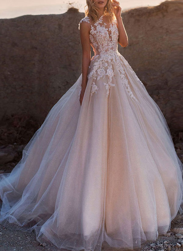 Pink Wedding Dresses With Train Appliques Lace