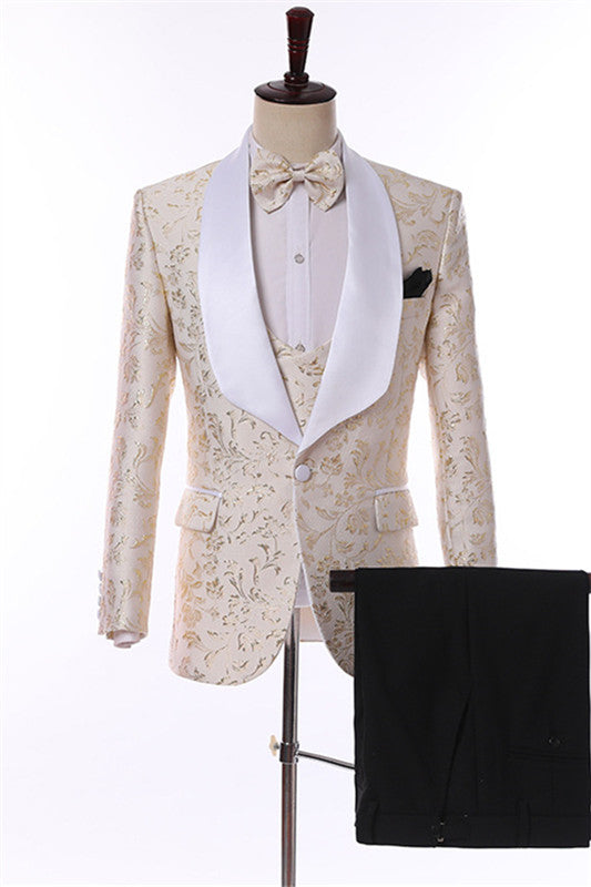 David Modern Champagne Jacquard 3-Piece Wedding Suit