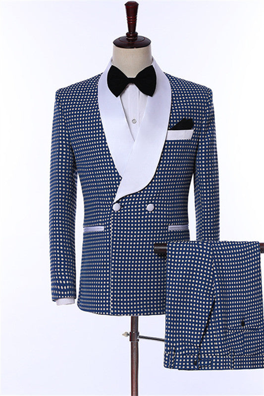 Dean Modern Navy Blue Dot Shawl Lapel Wedding Suit for Men