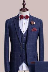 Dana Bespoke Blue 3-Piece Notched Lapel Plaid Business Suit