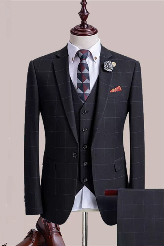 Drew Black Three-Piece Plaid Notched Lapel Business Suit