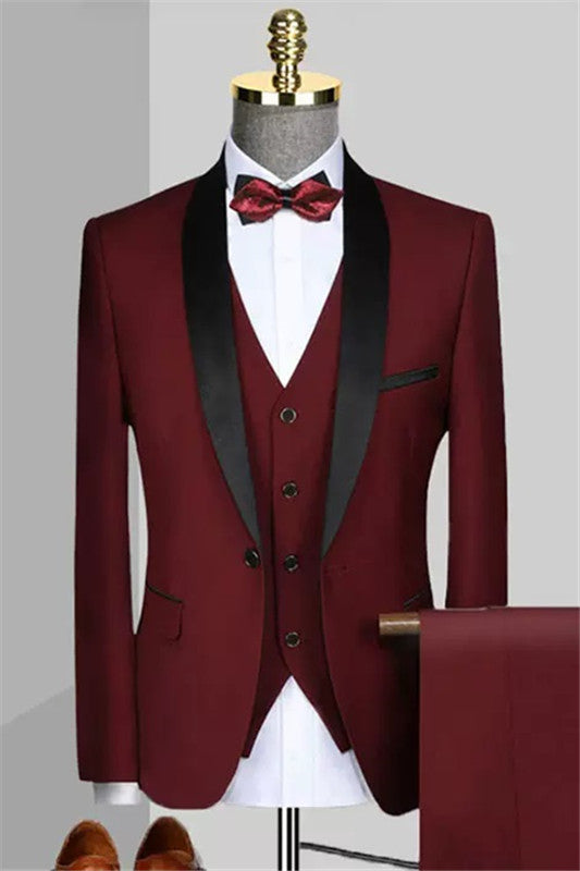 Enoch Burgundy Three-Piece Shawl Lapel Wedding Suit