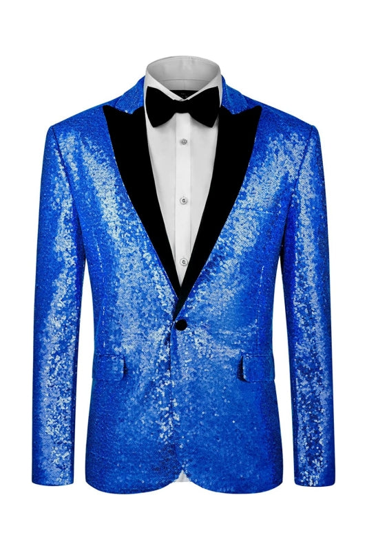 Edgar Chic Blue Sequins Peaked Lapel Men's Prom Suit