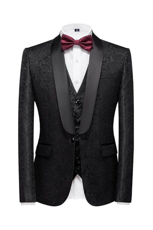 Gregary Black Jacquard Shawl Lapel Three-Piece Wedding Suit for Men