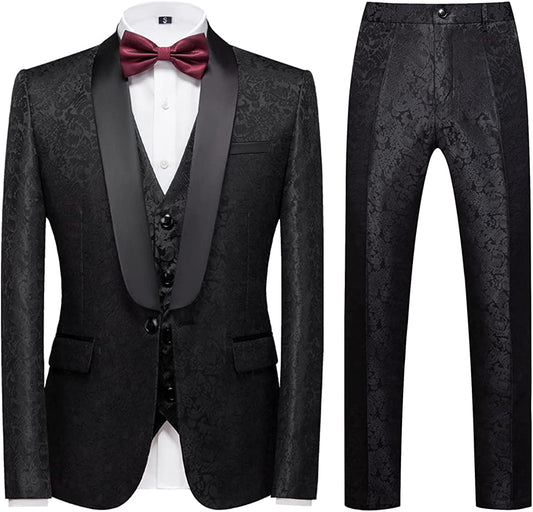 Gregary Black Jacquard Shawl Lapel Three-Piece Wedding Suit for Men