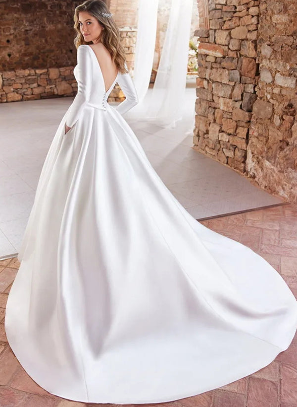 Ball-Gown Long Sleeves Wedding Dresses With Satin Open Back