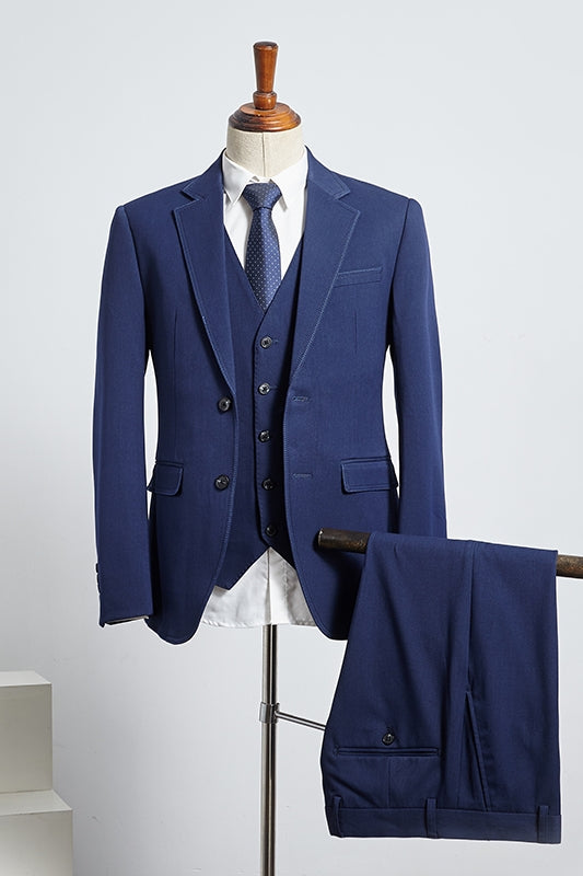 Hugh Blue Notched Lapel Three-Piece Business Suit for Men