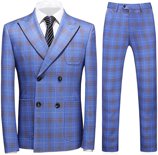 Jackson Blue Double-Breasted Plaid Business Suit for Men