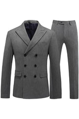 Iionei Gray Double-Breasted Striped Peaked Lapel Business Suit for Men