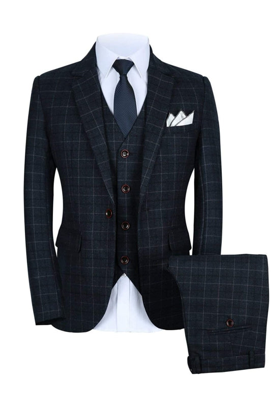 King Black Notched Lapel Plaid Three-Piece Business Suit for Men