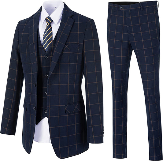 Naia Navy Blue Notched Lapel Three-Piece Business Suit for Men