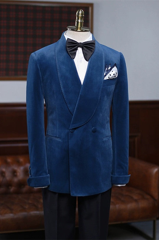 Adonis Navy Blue Shawl Lapel Velvet Wedding Suit for Men