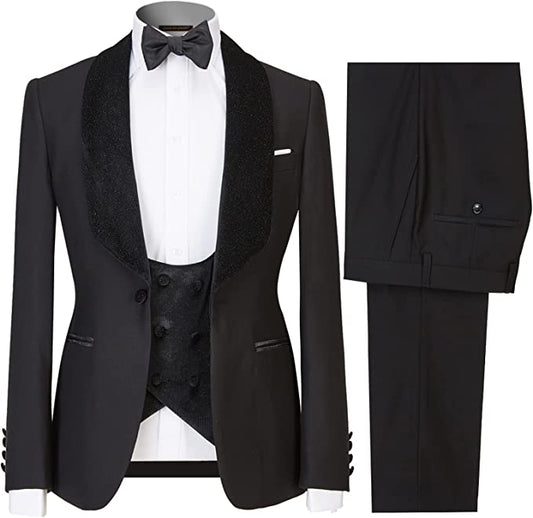 Armstrong Black Shawl Lapel Three-Piece Wedding Suit for Men