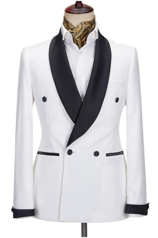 Abner Modern White Wedding Suit with Black Shawl Lapel