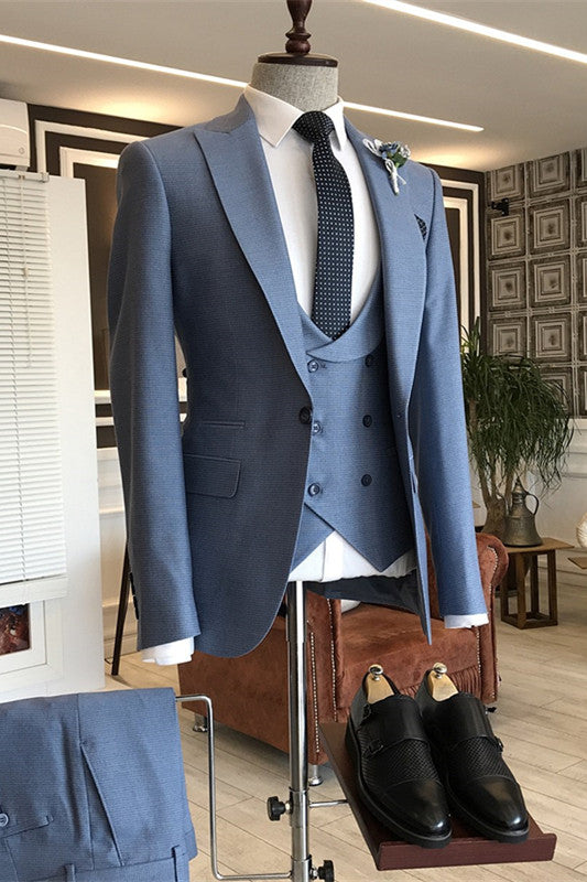 Carl Dusty Blue Three-Piece Peaked Lapel Business Suit