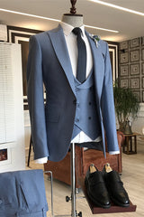 Carl Dusty Blue Three-Piece Peaked Lapel Business Suit