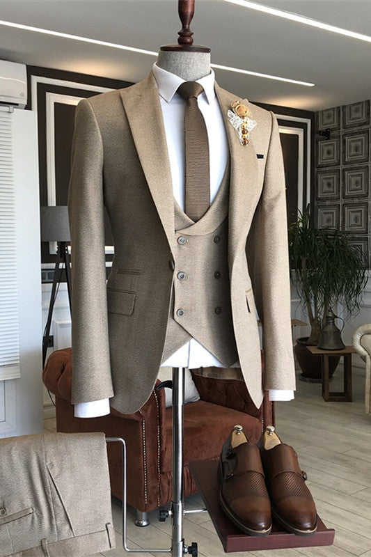 Carlson Khaki Gray Three-Piece Peaked Lapel Business Suit