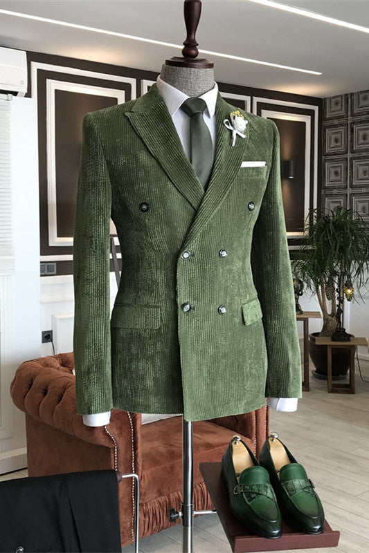 Green Double-Breasted Peaked Lapel Corduroy Prom Suit