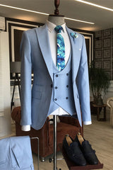 Sky Blue Three-Piece Peaked Lapel Prom Suit