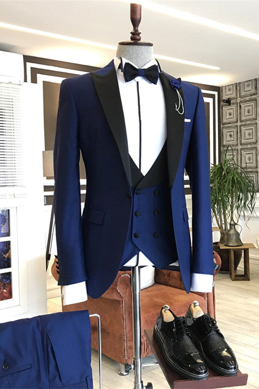 Cornelius Blue Peaked Lapel 3-Piece Close Fitting Prom Suit