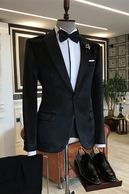 Colby Stylish Black Peaked Lapel Velvet Men's Prom Suit