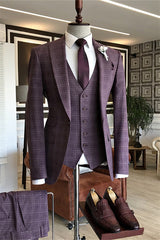 Purple Three-Piece Peaked Lapel Plaid Business Suit