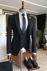 Black Three-Piece Peaked Lapel Business Suit