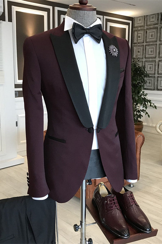 Dean Deep Wine Peaked Lapel 2-Piece Slim Suit for Prom