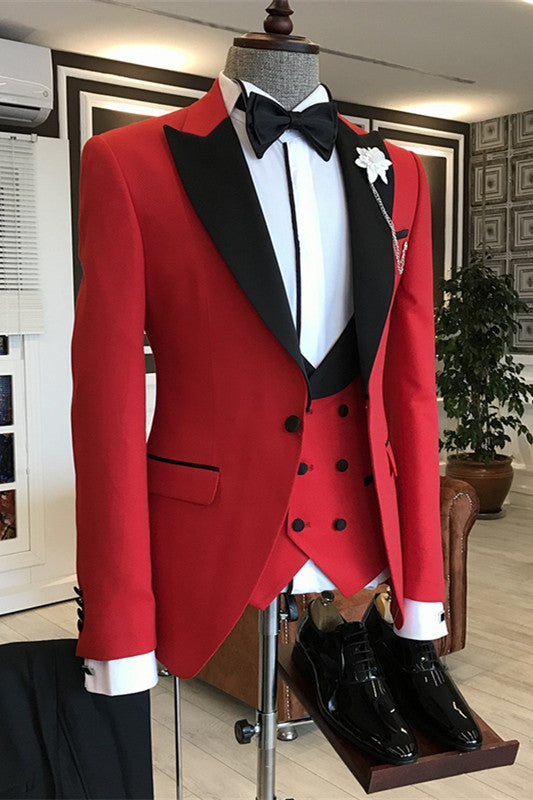 Donahue Stylish Red 3-Piece Prom Suit with Black Peaked Lapel