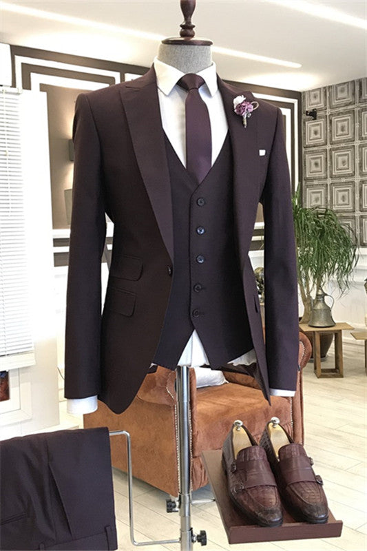 Brown Three-Piece Peaked Lapel Business Suit