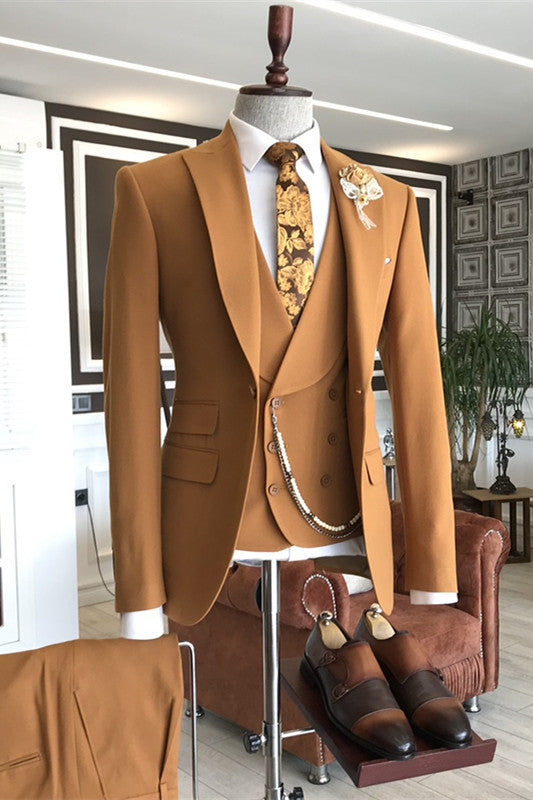 Evan Light Khaki Three-Piece Peaked Lapel Prom Suit