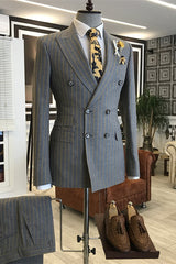 Gabriel Fancy Gray Peaked Lapel Double Breasted Striped Business Suit