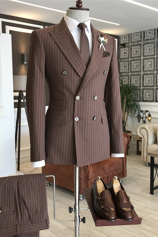 Coffee Double-Breasted Peaked Lapel Striped Business Suit