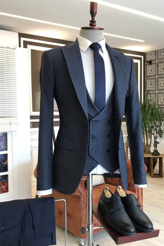 Fitch Navy Blue Three-Piece Peaked Lapel Business Suit