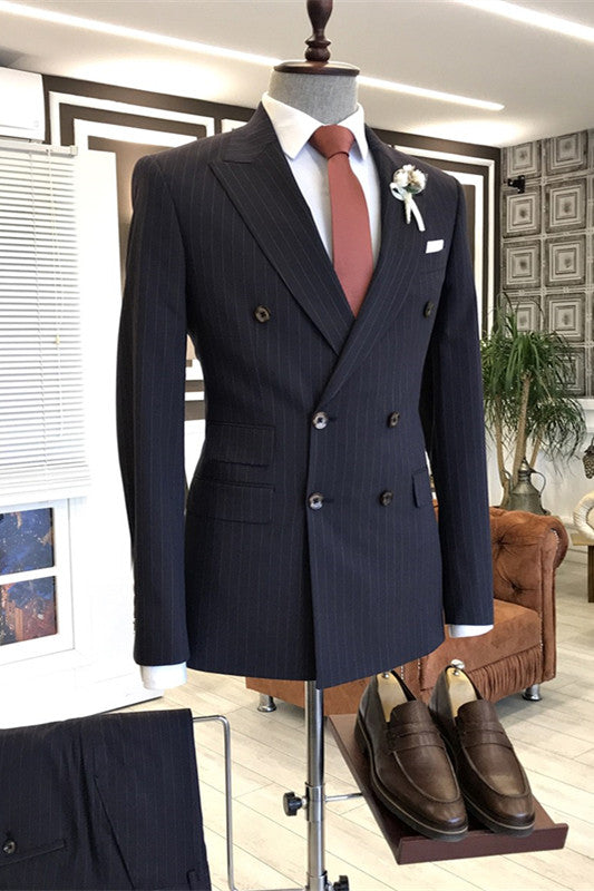 Franklin Black Double-Breasted Peaked Lapel Striped Business Suit