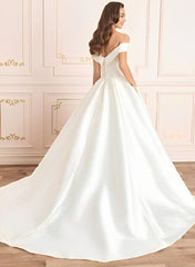 Ivory Wedding Dress A Line Off the Shoulder Satin Bridal Dress