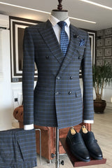 Haley Stylish Navy Blue Peaked Lapel Double Breasted Plaid Business Suit