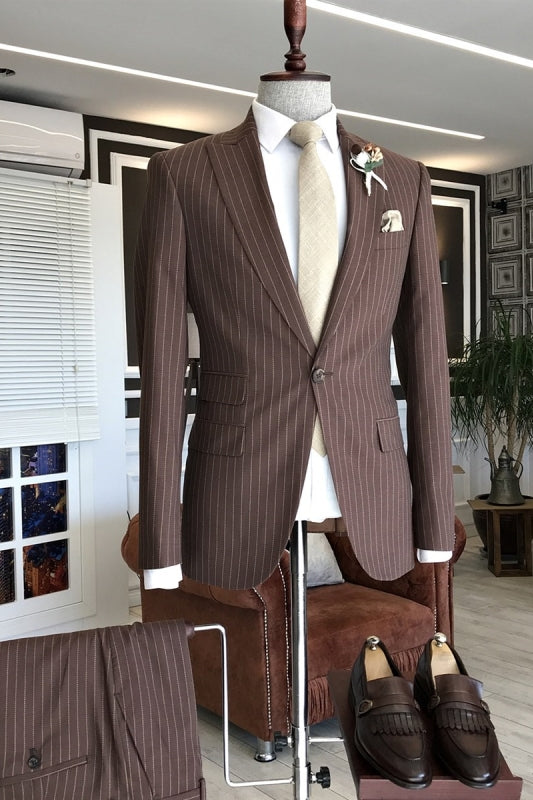 Herman Formal Brown Peaked Lapel 2-Piece Striped Business Suit