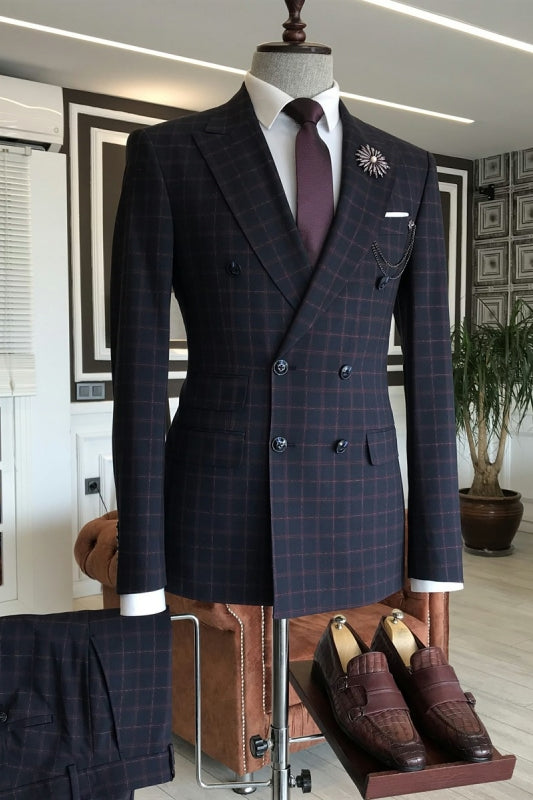 Black Double-Breasted Peaked Lapel Business Suit with Red Plaid