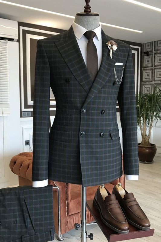 Hal New Arrival Deep Gray Peaked Lapel Double Breasted Plaid Business Suit