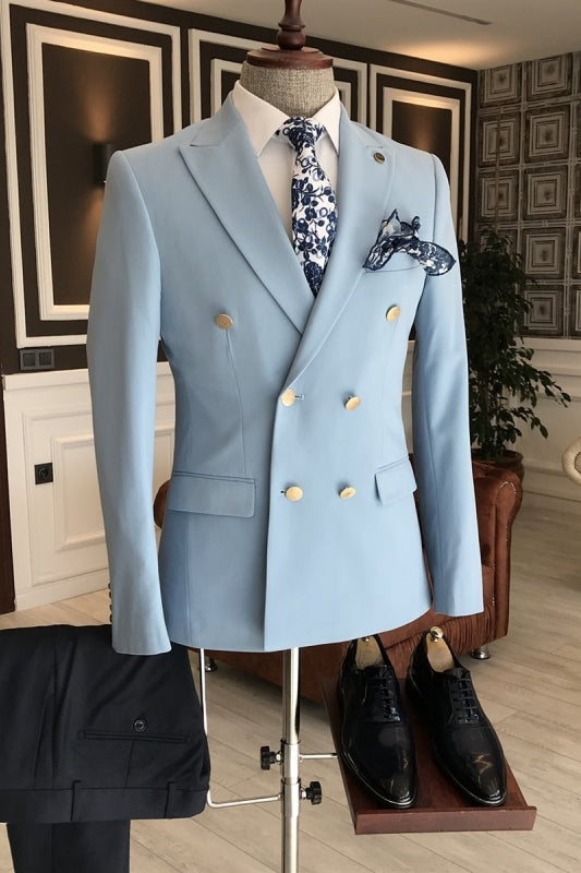 Harper Sky Blue Peaked Lapel Double Breasted Bespoke Prom Suit