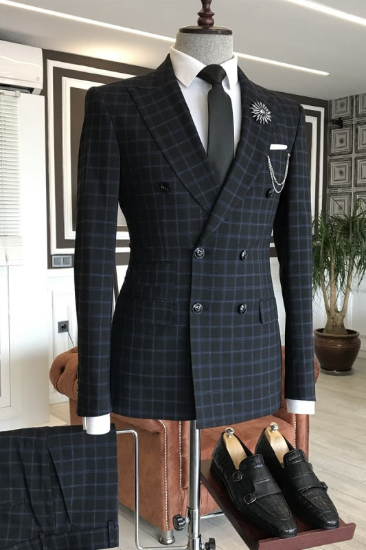 Gustave Simple Black Peaked Lapel Double Breasted Business Suit with Gray Plaid