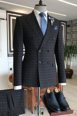 Black Double-Breasted Peaked Lapel Business Suit with Blue Plaid