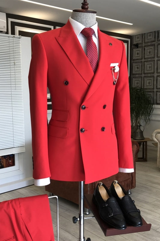 Hobart Modern Red Peaked Lapel Double Breasted Prom Suit