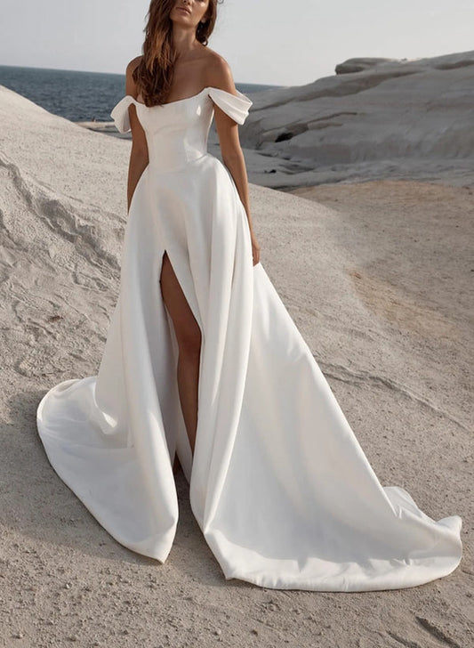 Off The Shoulder Court Train Wedding Dress With Split Front